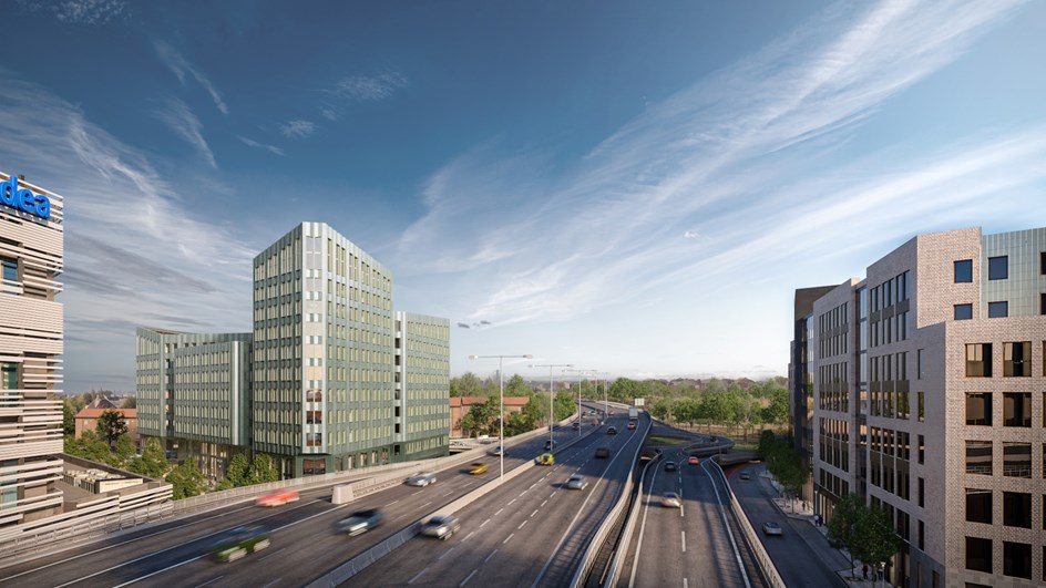 Grönt kontorshus Olivin sett från Essingeleden, en ny profilbyggnad i Lindhagenskvarteren, Stockholm.