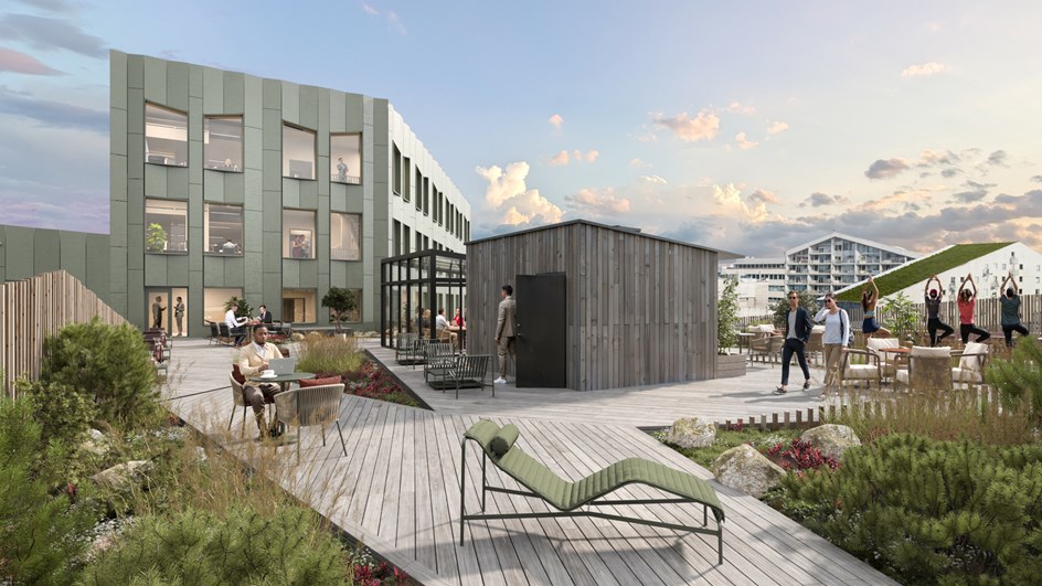 Olivins takterrass med trädäck, mötesytor, växtlighet och utsikt över staden.