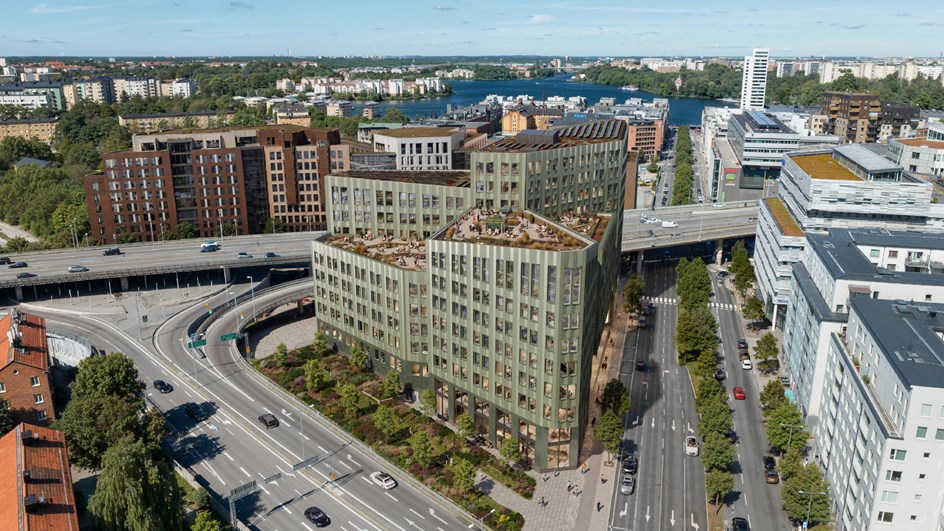 Flygfoto över Olivin och omgivande stadskvarter, Lindhagen, Hornsberg och Kristineberg.