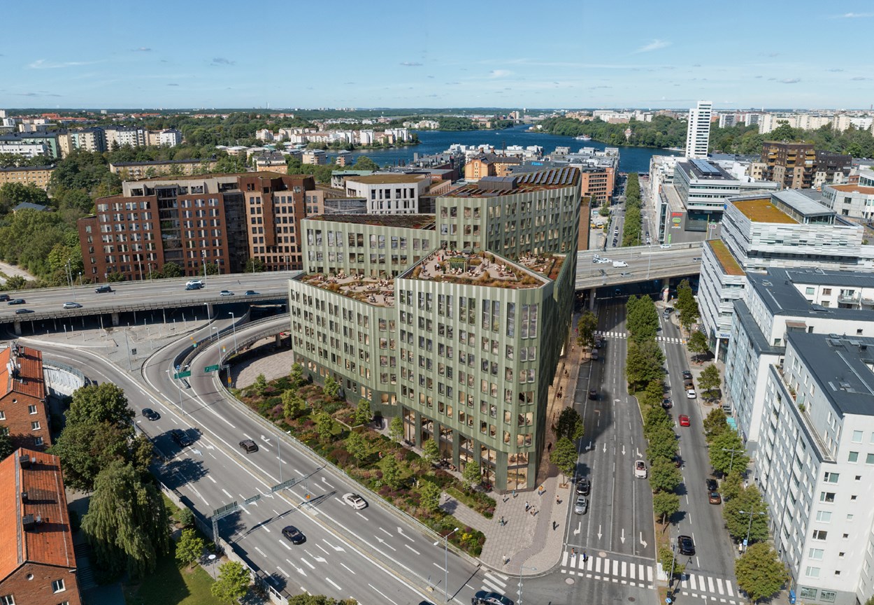 Flygfoto över Olivin och omgivande stadskvarter, Lindhagen, Hornsberg och Kristineberg.