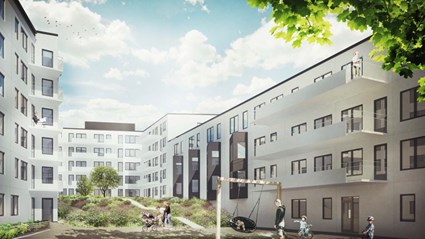 Kvarteret består av 118 lägenheter och 41 vårdbostäder.