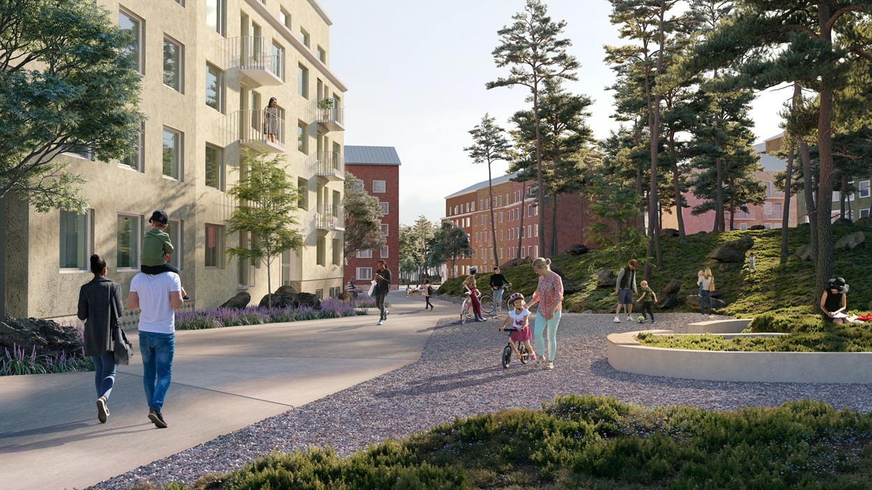 Illustration av en gatubild med flerbostadshus, barn och vusna som leker och går. Grönytor och höga tallar.