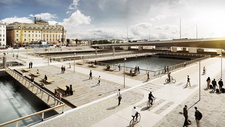 Nu vill vi inte längre ha biltrafik alldeles inpå oss. Den Nya Slussen, som Skanska bygger, är därför utformad som en öppen och trevlig mötesplats för människor. Illustration White Arkitekter.