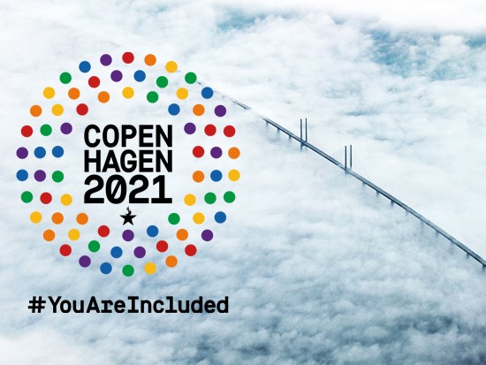 WorldPRide Copenhagen logo mot bakgrund av Öresundsbron