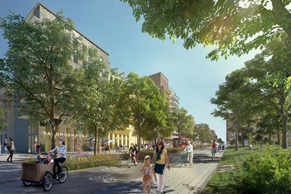 Fotgängare och cyklister ges företräde i den nya stadsdelen.