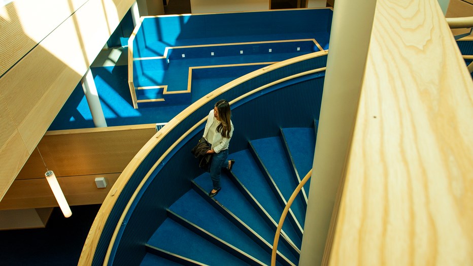 Skolans interiör är inbjudande och kreativ. Hedda Andersson gymnasiet har en blå trappa.