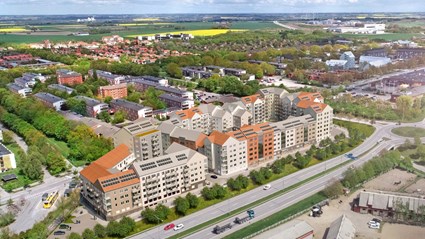 Hyresrättskvarteret Fastighetsboken byggs intill det stora studentområdet Delphi i Lund.