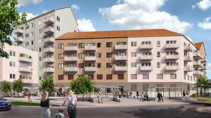 Varierande fasadmaterial och höjder ger Fastighetsboken ett trivsamt och småskaligt utseende.