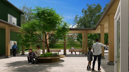Innergården får gröna ytor och sittplatser. Illustration: Studio Ekberg