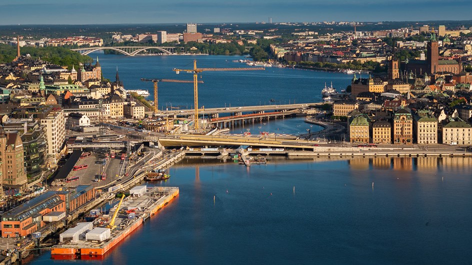Bild på Slussens i augusti 2024 taget med drönare. 