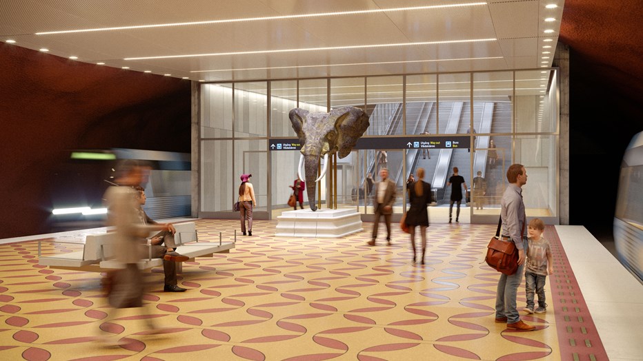 Vision of the Nacka subway platform. Rendering of Region Stockholm and Sweco. Vision of the Nacka subway platform. Rendering.