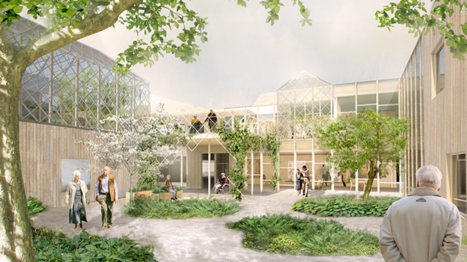 De gröna innergårdarna är utformade så de äldre känner sig trygga att ta en promenad.  De gröna innergårdarna är utformade så de äldre känner sig trygga att ta en promenad.