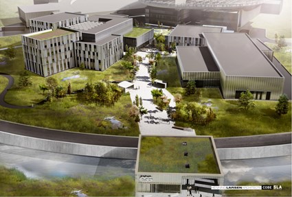 ESS Campus blir ansiktet utåt och det första besökare från hela världen möter när de kommer till ESS. Bild: Henning Larsen Architects/COBE/SLA