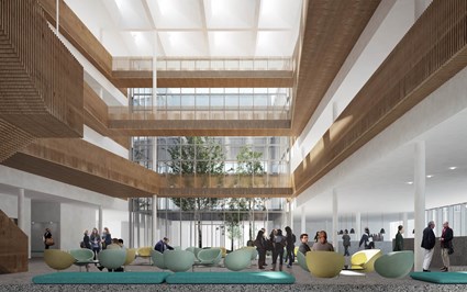 Campus kommer inhysa omkring 500 kontorsplatser, 16 laboratorier och verkstäder. Bild: Henning Larsen Architects/COBE/SLA