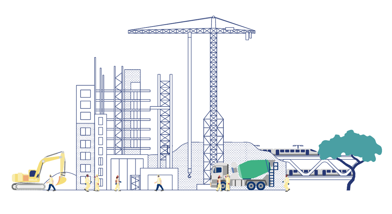 Illustration med byggsilutetter av en stad med höga byggnader, byggkran, byggmaskiner och grönska.