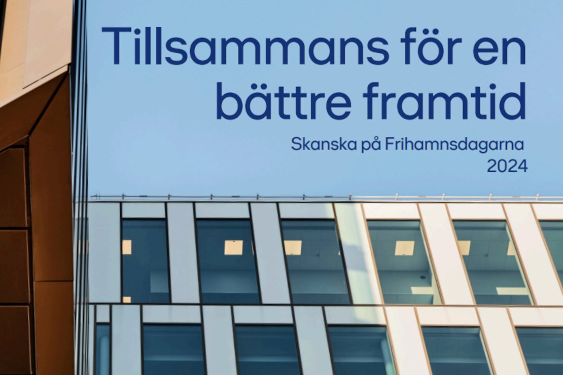 Urklipp från framsidan av en rapport med texten "Tillsammans för en bättre framtid". Texten står mot en bakgrun av kontorsfasad mort en blå himmel.