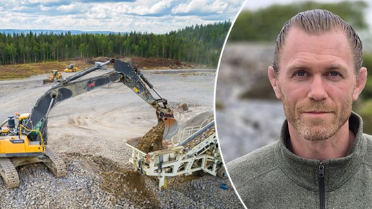 Kollage som visar Skanskas klimat- och hållbarhetschef Linus Gäfvert och grävmaskiner och stenkrossar i en bergtäkt. 