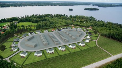 Översiktsbild av det nya bostadsområdet utanför Växjö. Bilden kommer från Myresjöhus.