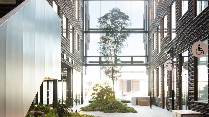 På Epic i Universitetsholmen i Malmö finns det takterrasser och ett grönskande atrium.
