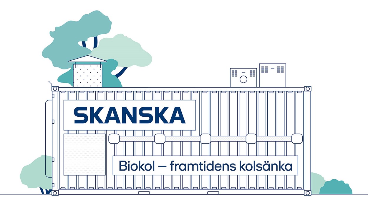 Illustration av en biokolpanna där en container är synlig. Containern har texten  "Biokol - framtidens kolsänka".