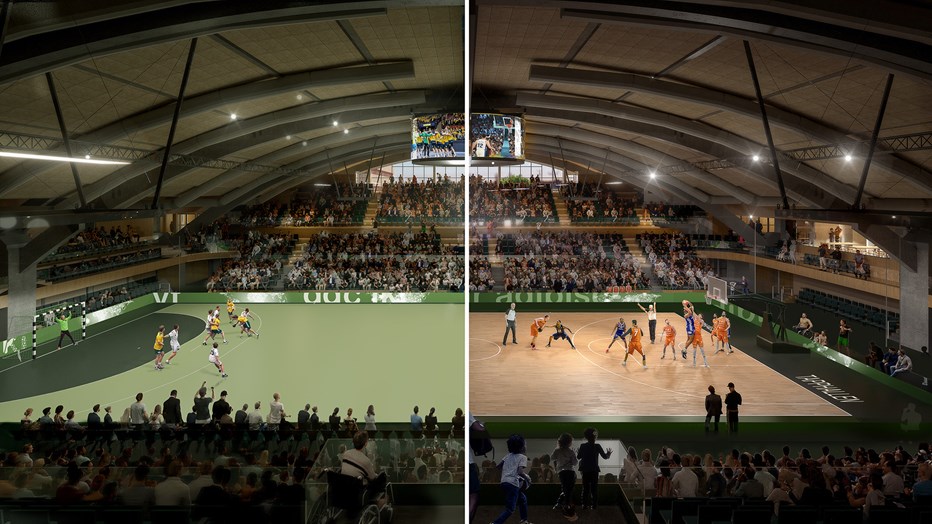 Idrottscentret kommer också att ge plats för fler sporter som exempelvis handboll, basket, volleyboll och innebandy. Visionsbild från White Arkitekter. Tvådelad rendering där ena halvan föreställer en pågående handbollsmatch och den andra halvan en pågående basketmatch. Rendering.