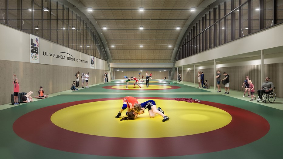 I det nya centret ges möjligheter att utöva bland annat brottning. Visionsbild från White Arkitekter. Hall med mattor i gult och rött där ungdomar utövar brottning. Rendering.