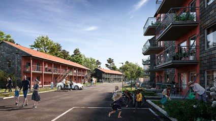 Norra Vitsippans bostäder är modulhus i trä från BoKlok, som byggs i fabrik med lågt klimatavtryck.