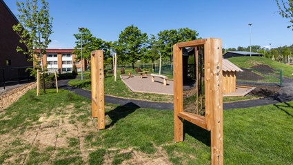 Many different play areas are found in the large yard.