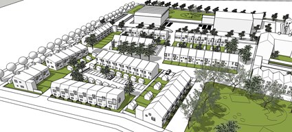 Precis intill järnvägsstationen ligger torget som blir hjärtat i Hjärup Västerstad. Det följs av en huvudgata där bostäder blandas med mindre verksamheter som ger liv åt området. 
