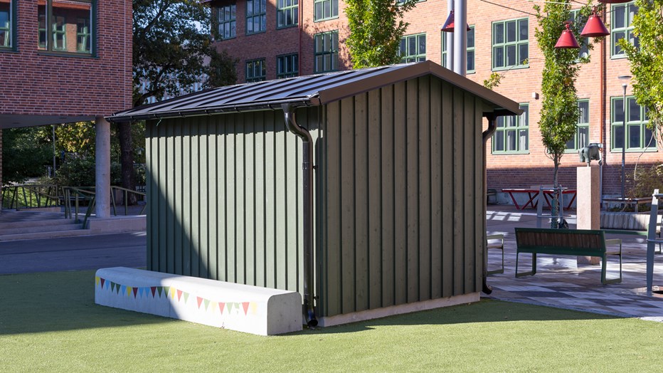 På skolgården finns en liten förrådsbyggnad. Ett förråd på skolgården.