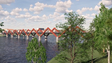 Karlgårdsbron är inspirerad av Lejonströmsbrons karakteristiska röda zickzack-mönster.