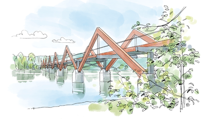 Karlgårdsbron kommer sträcka sig över Skellefteälven med sin karakteristiska röda konstruktion.
