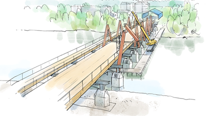 Montering av Karlgårdsbrons röda träkonstruktioner över älven.