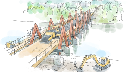 I den sista delen av byggskedet asfalteras bron och får sina färdiga körbanor.