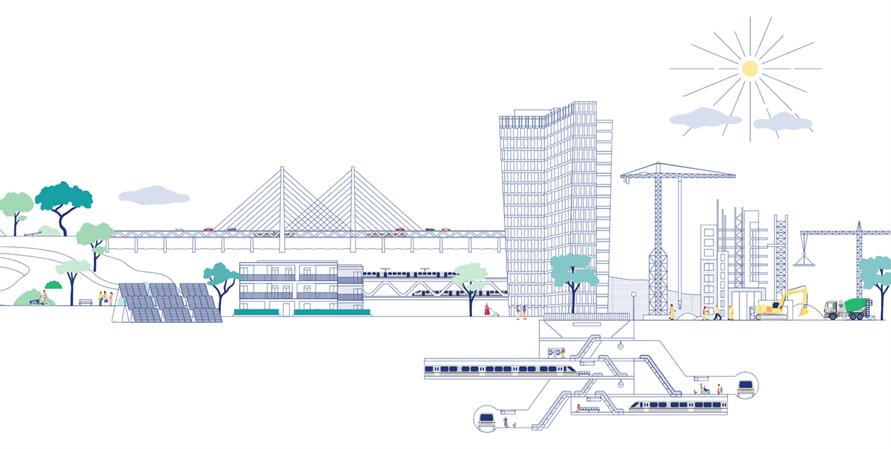 Illustration av stadssiluett med infrastruktur som byggnader, broar, vägar, byggkranar och tunnelbana.