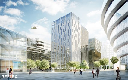 Den 17 våningar höga hotell- och kontorsbyggnaden kännetecknas av glaspartier som inte går i raka linjer.