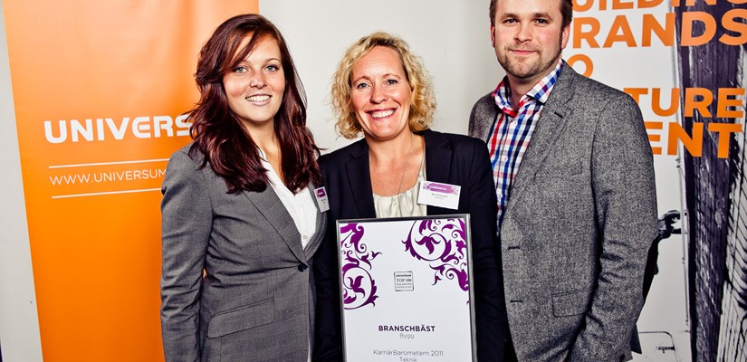 Vid prisutdelningen. Från vänster: Hanna Franzén, Ann Ericsson, Jonas Naddebo, samtliga från Skanska Sverige. Vid prisutdelningen. Från vänster: Hanna Franzén, Ann Ericsson, Jonas Naddebo, samtliga från Skanska Sverige.