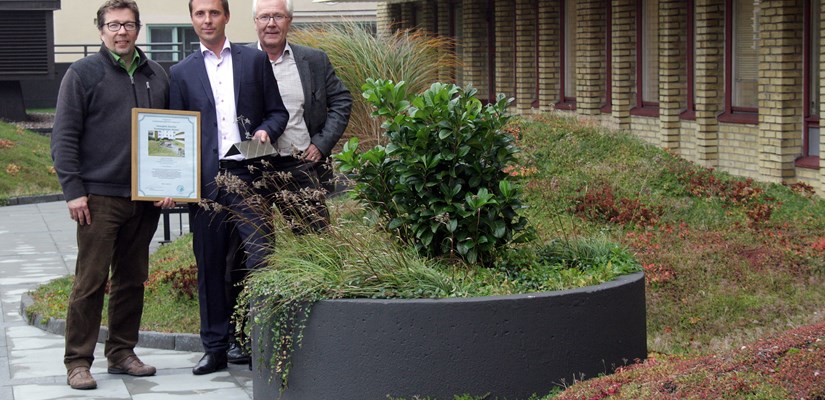 Lari Pitkä-Kangas (t v), kommunalråd i Malmö, delade ut gröna tak-priset till Skanska, som representerades av Magnus Persson, regionchef. I ceremonin deltog även Gunnar Ericson, ordförande Scandinavian Green Roof Institute (t h) . Foto: Pi Söderberg