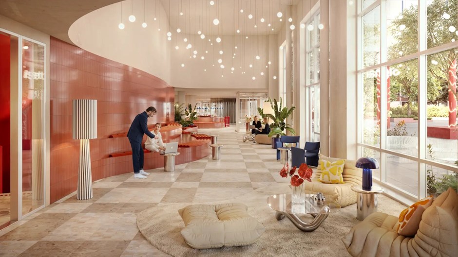 Signalhusets entré får färgstarka accenter, geometriska former och ett medvetet materialval i återbrukade element.