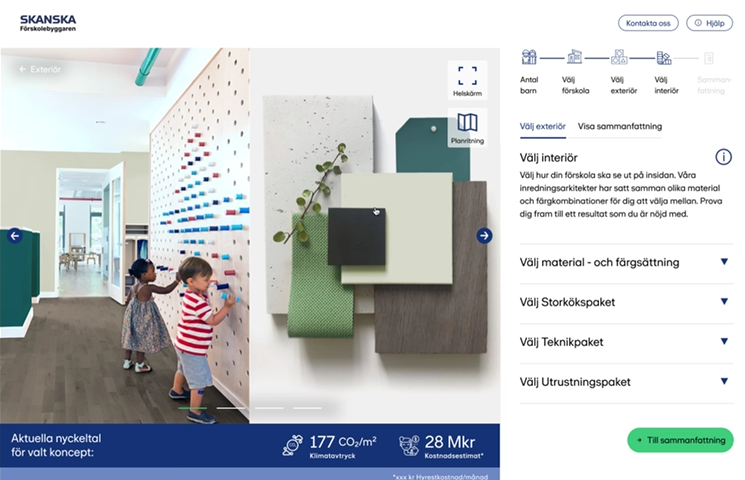 En sida av webbverktyget visas för val av inredning samt siffror för klimatavtryck och kostnad för valt koncept.