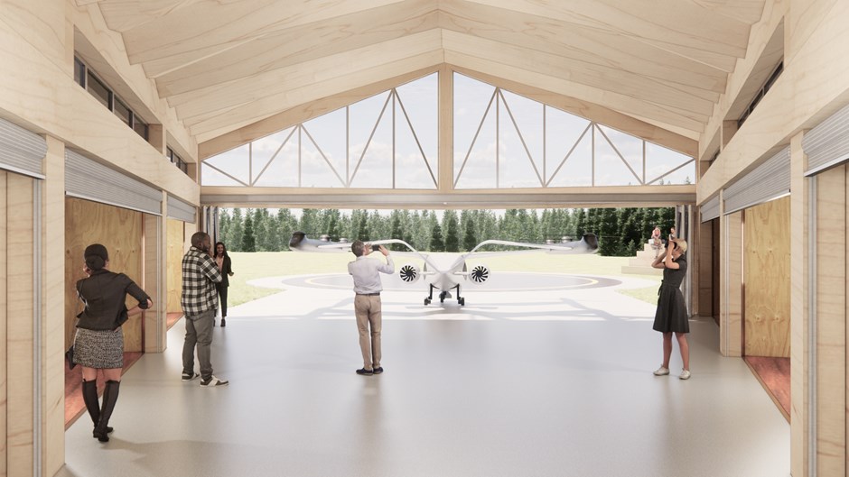 Skiss över hur det kan se ut inne i hangaren på drönarflygplats i Skellefteå.