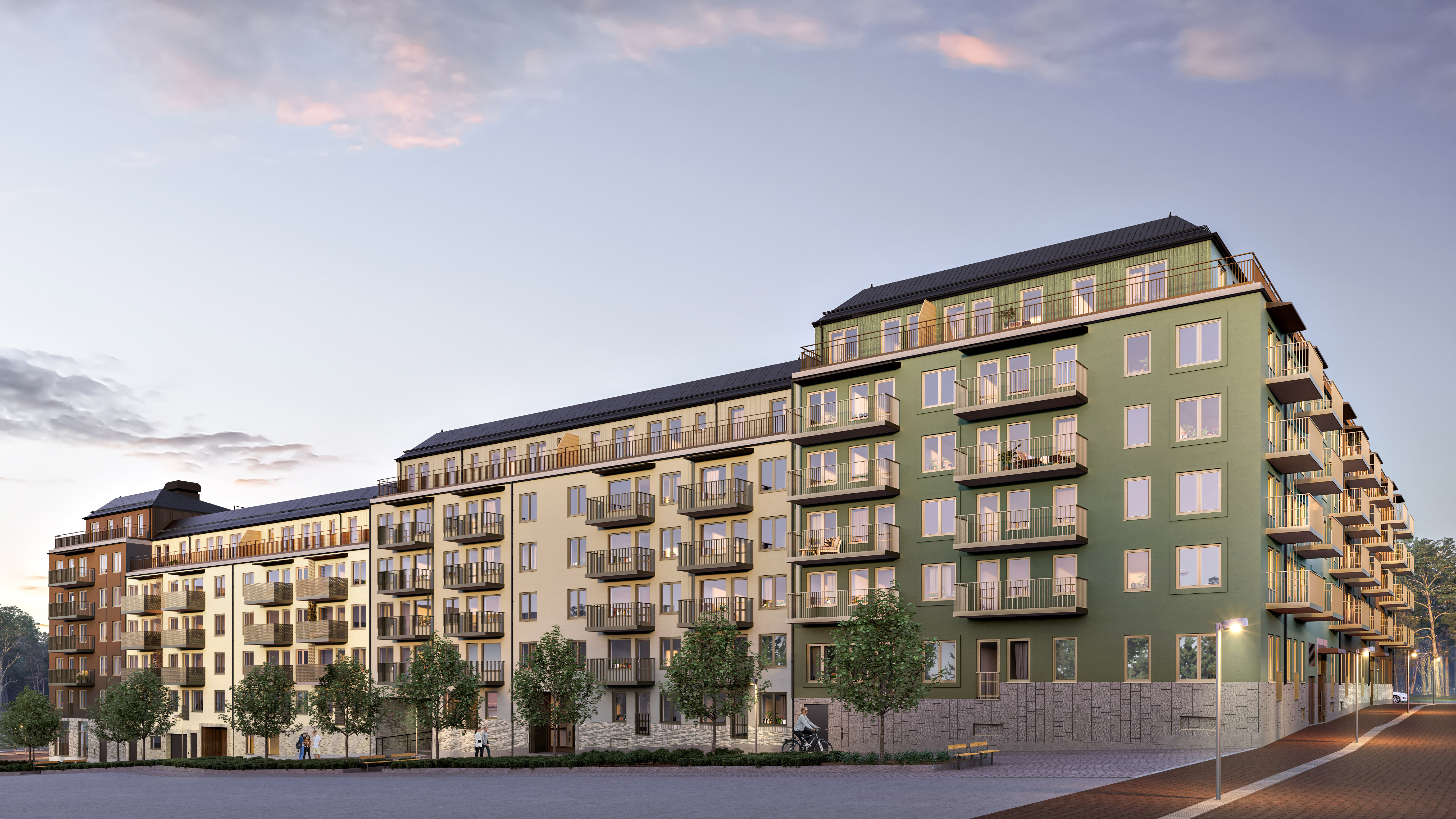 Illustration av Ängsklockan i Järvastaden med flerbostadshus i varma kulörer, balkonger och grön innergårdsmiljö.