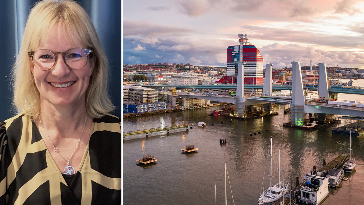 Porträtt på Anna Säfsten, enhetschef på Stadmiljöförvaltningen i Göteborgs Stad samt bild med vy över Hisingsbron och Göteborgs stad. 