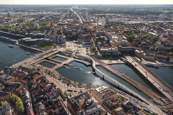 Rendering image of the future design of the Slussen area with bridges, water and surrounding areas.