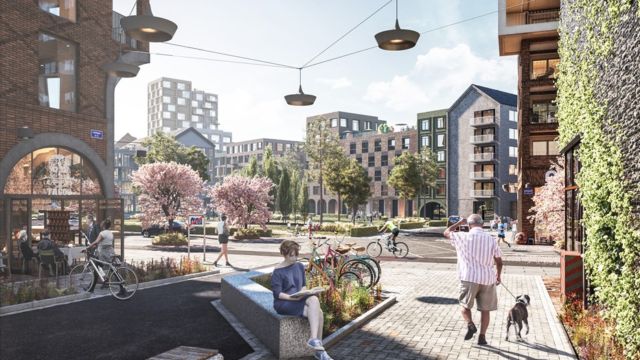 Visionen av den nya stadsdelen Södra Änggården. Bild av Okidoki Arkitekter.